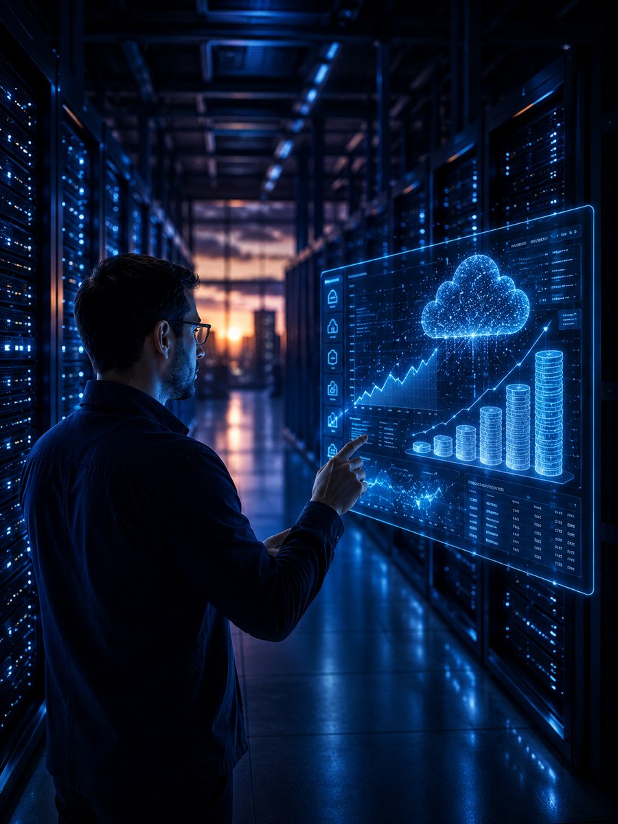 Ingeniero revisando holograma de costes cloud y gráfica de crecimiento en sala de servidores