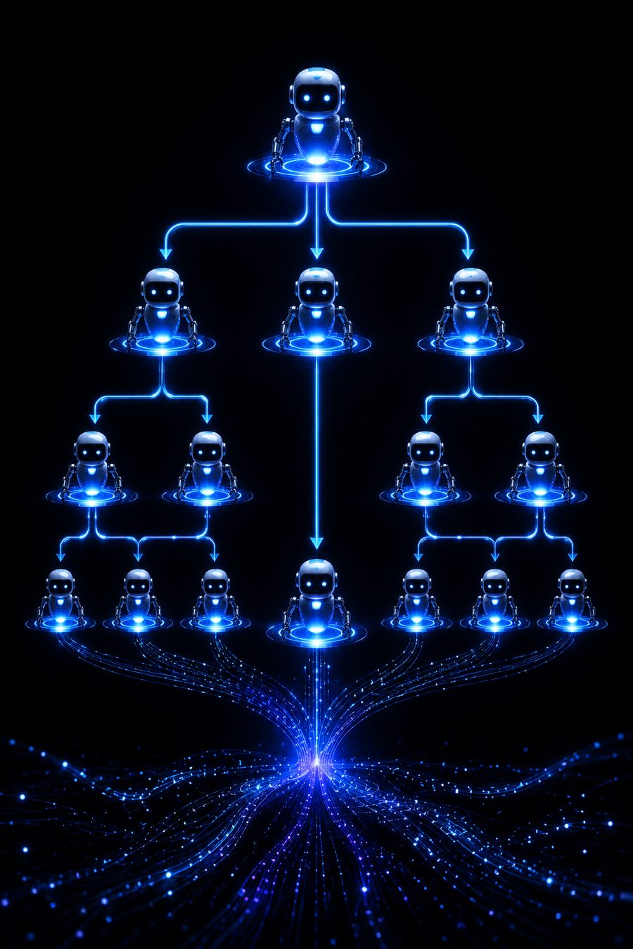Árbol jerárquico de bots RPA con luz azul e índigo sobre fondo negro