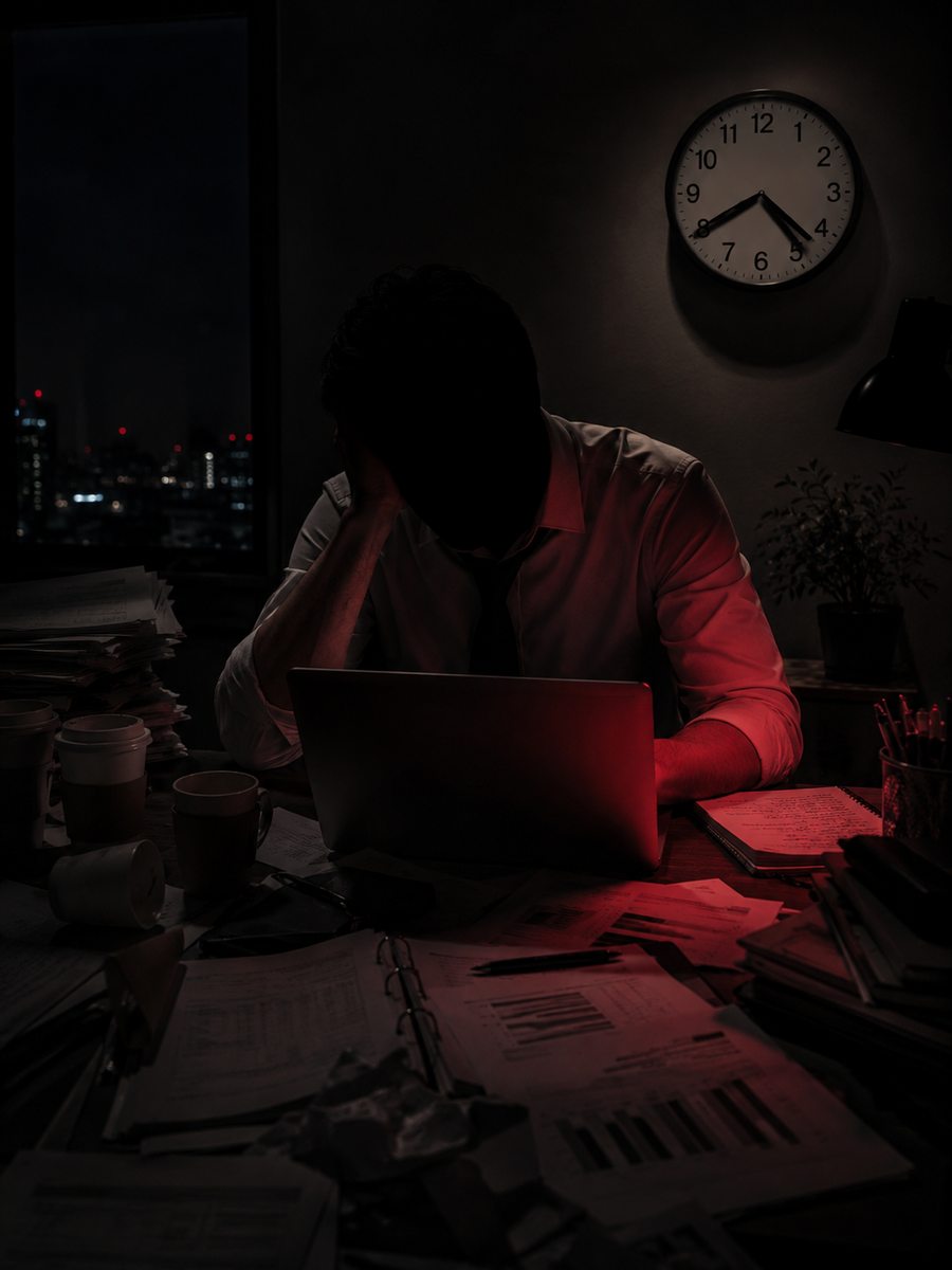 Hombre exhausto en escritorio oscuro con luz roja de portátil, reloj marcando las 4:40